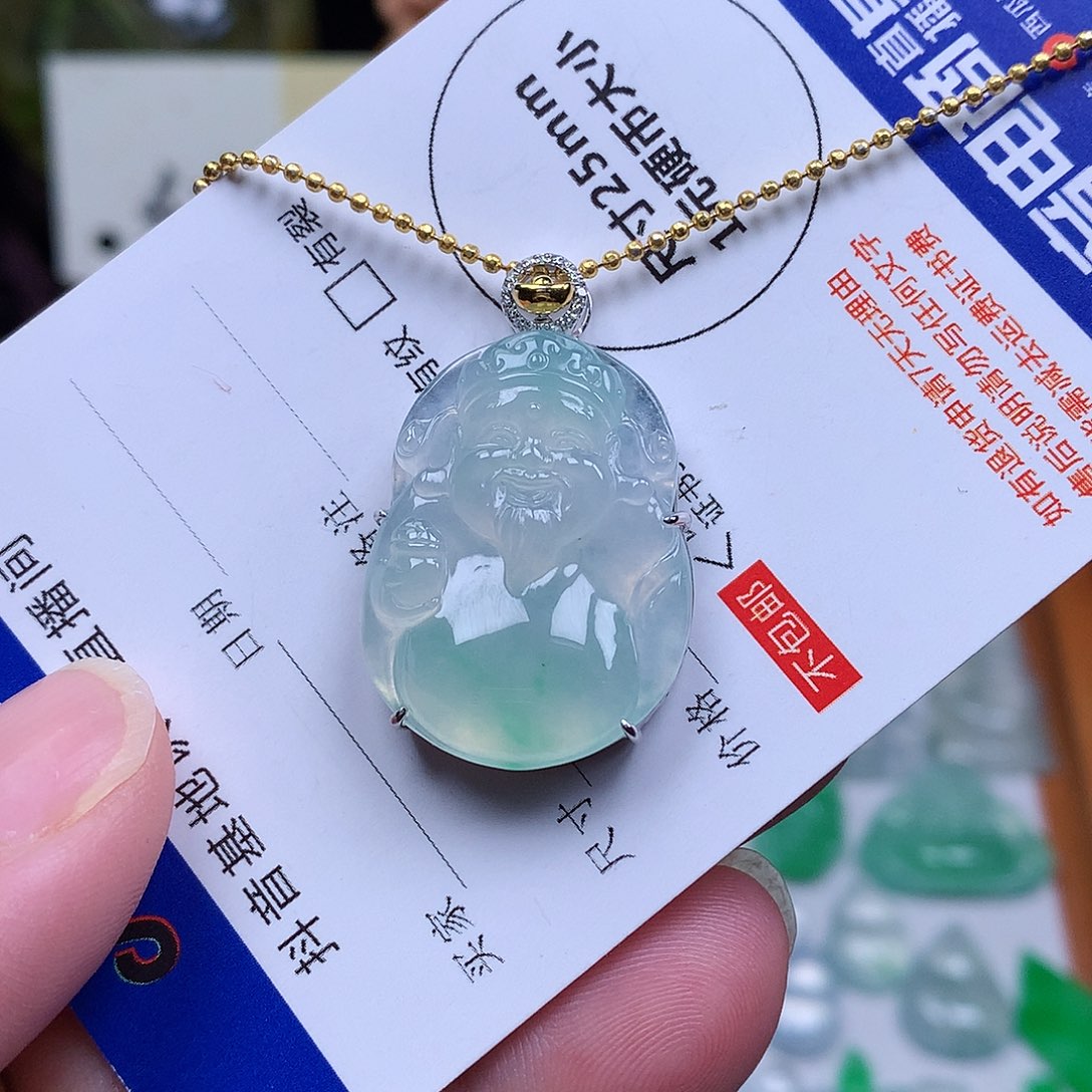 翡翠裸石18K金镶嵌缅甸天然A货翡翠冰种财神爷