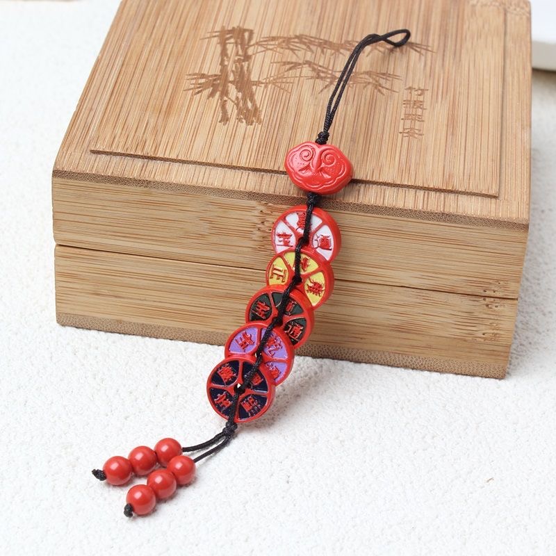 含辰砂工艺品朱砂彩绘五帝钱挂饰钥匙扣