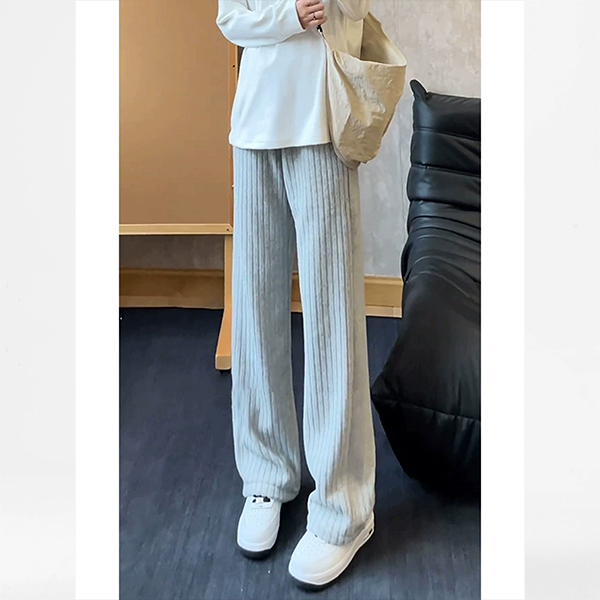 灰色竖纹肌理感针织卫裤男款秋冬季加绒加厚提花裤子慵懒直筒长裤