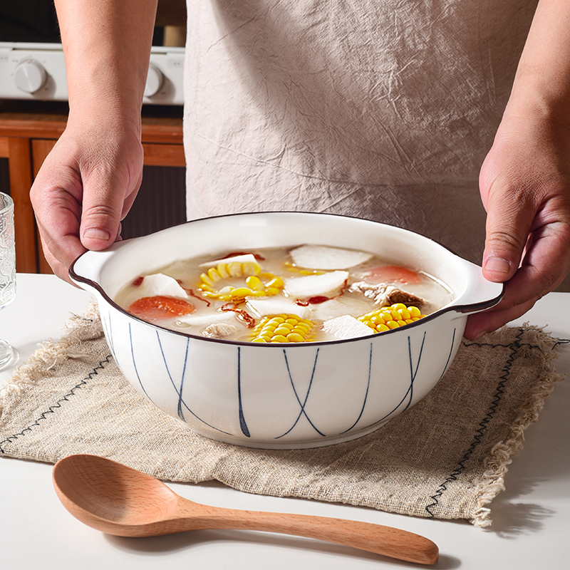 双耳汤碗大号家用日式新款创意餐具陶瓷碗9英寸线条纹双耳锅2个装