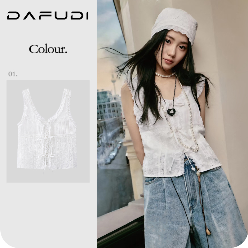 【衬衫】刘浩存明星同款衬衫2025夏季新款拼接花边无袖上衣女I6092