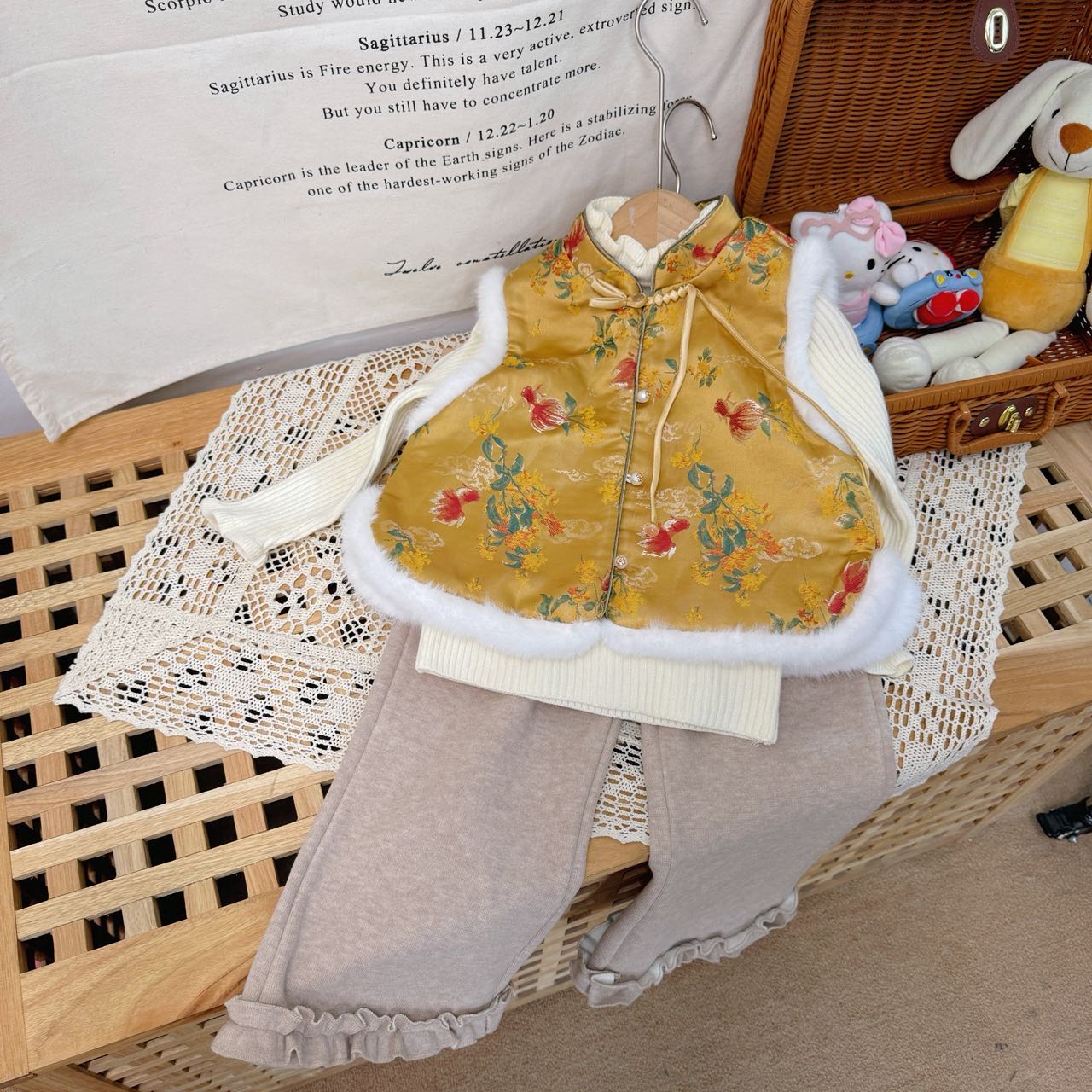 【新疆包邮】儿童加绒国风马甲裤子三件套13461