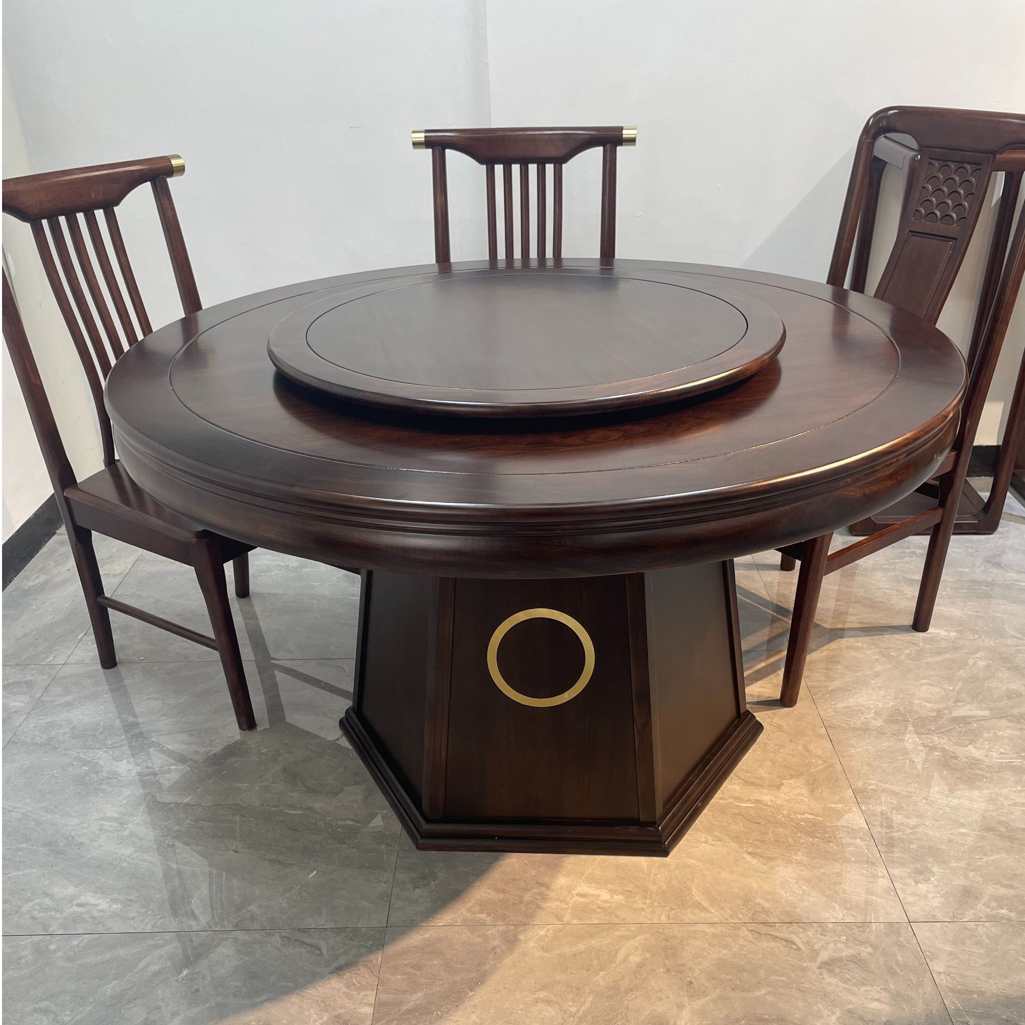 新中式乌金木全实木大圆桌餐厅圆形简约餐桌古典大户型家用餐桌