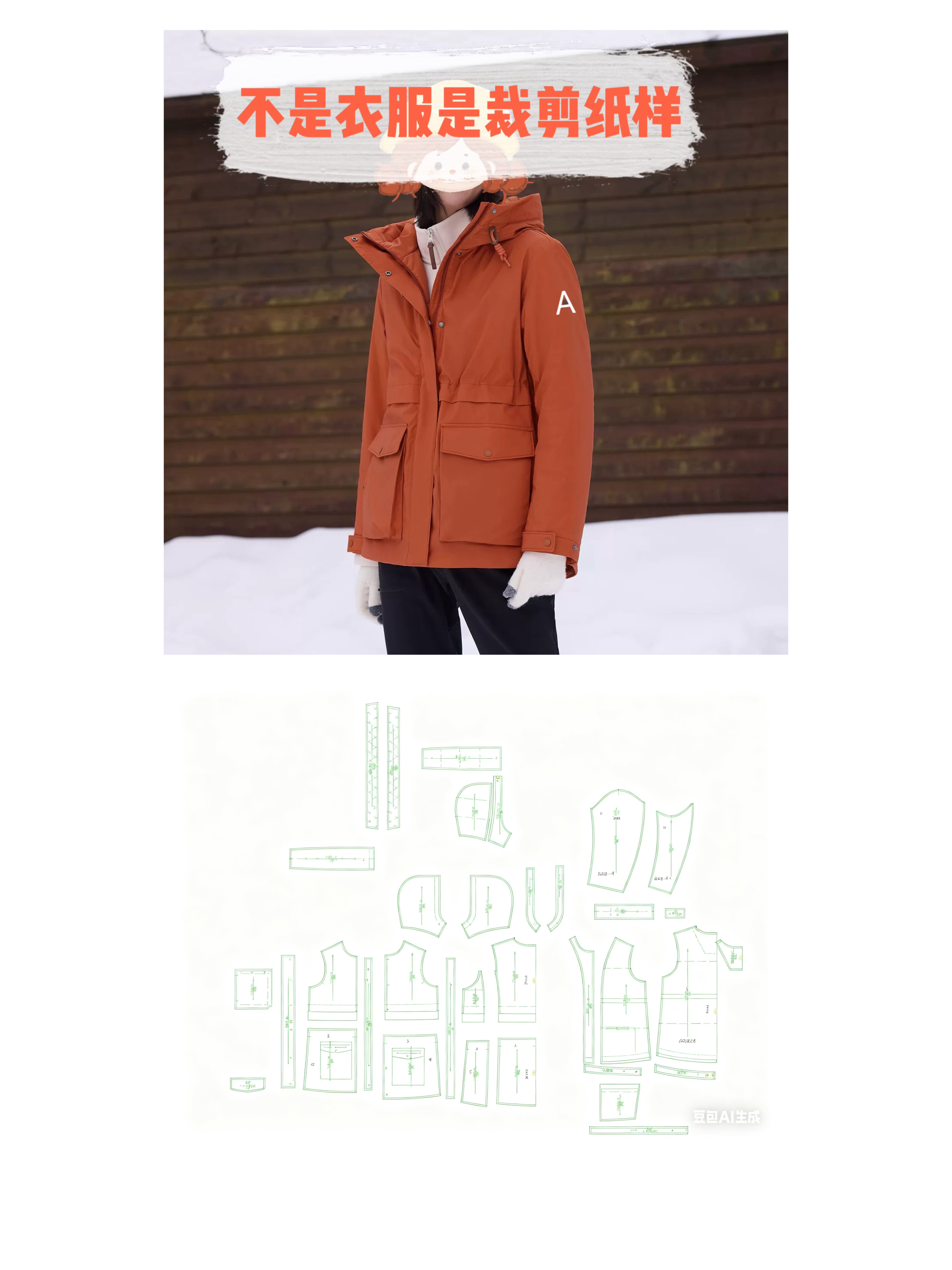 C55105裁剪纸样（单码+多码)女士冲锋衣户外棉衣裁剪纸样