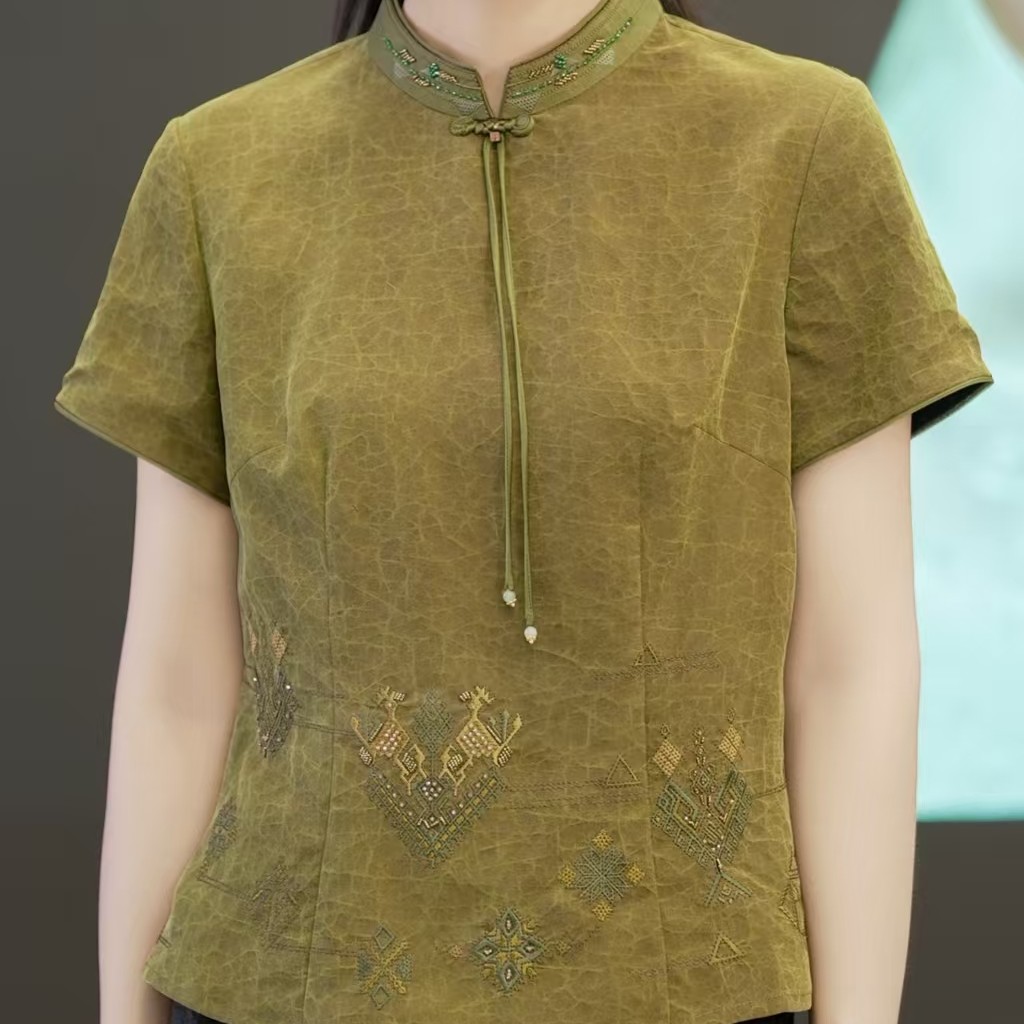 伊美香云纱雅色桑蚕丝绿龟纹重工刺绣国风复古时尚气质款上衣女新