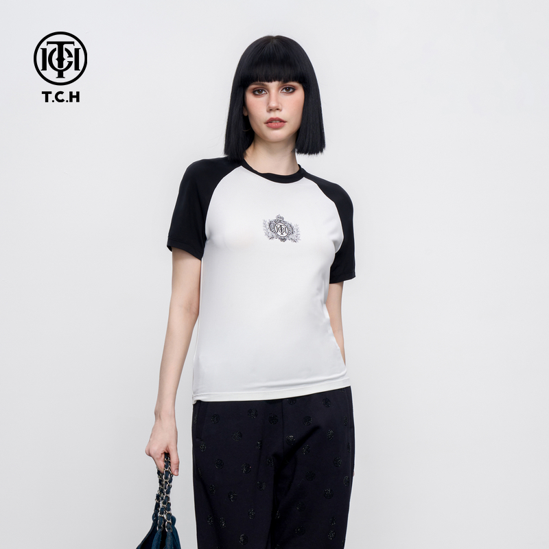 TCH 美式拼色烫钻小众显瘦百搭插肩袖短袖T恤上衣女2025春夏新款