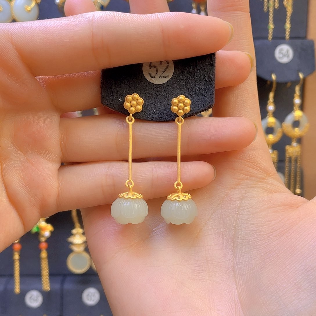 和田玉耳饰银S925镀金镶嵌