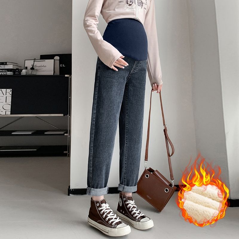 孕妇裤2025新款秋冬托腹高腰加厚加绒牛仔裤哈伦裤小个子直筒裤子