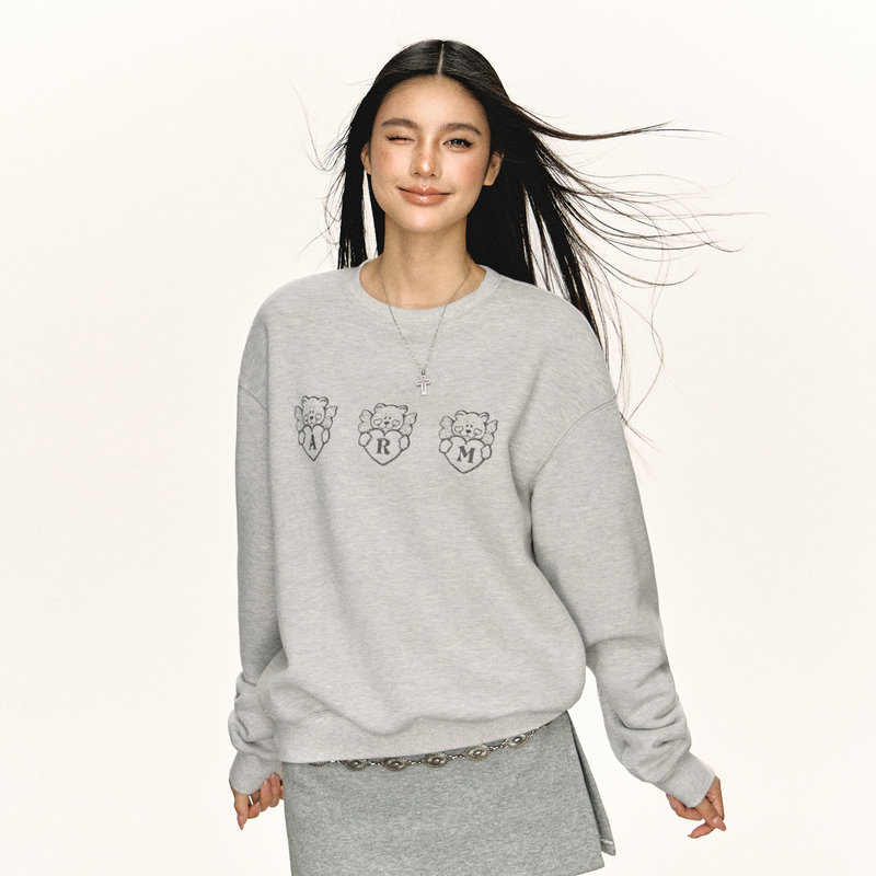 Ariseism 美式复古灰色印花宽松卫衣女秋冬新款上衣