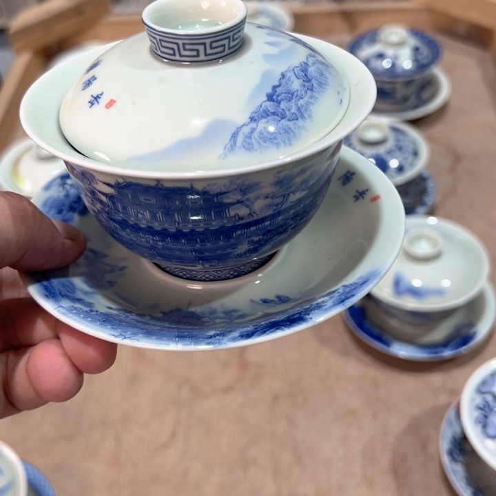 瓷片白青花岳阳楼元宝盖碗微瑕