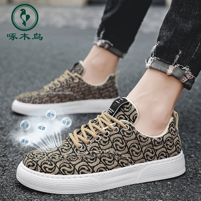 【正品】啄木鸟帆布鞋低帮小众低帮印花板鞋男士厚底运动休闲潮鞋
