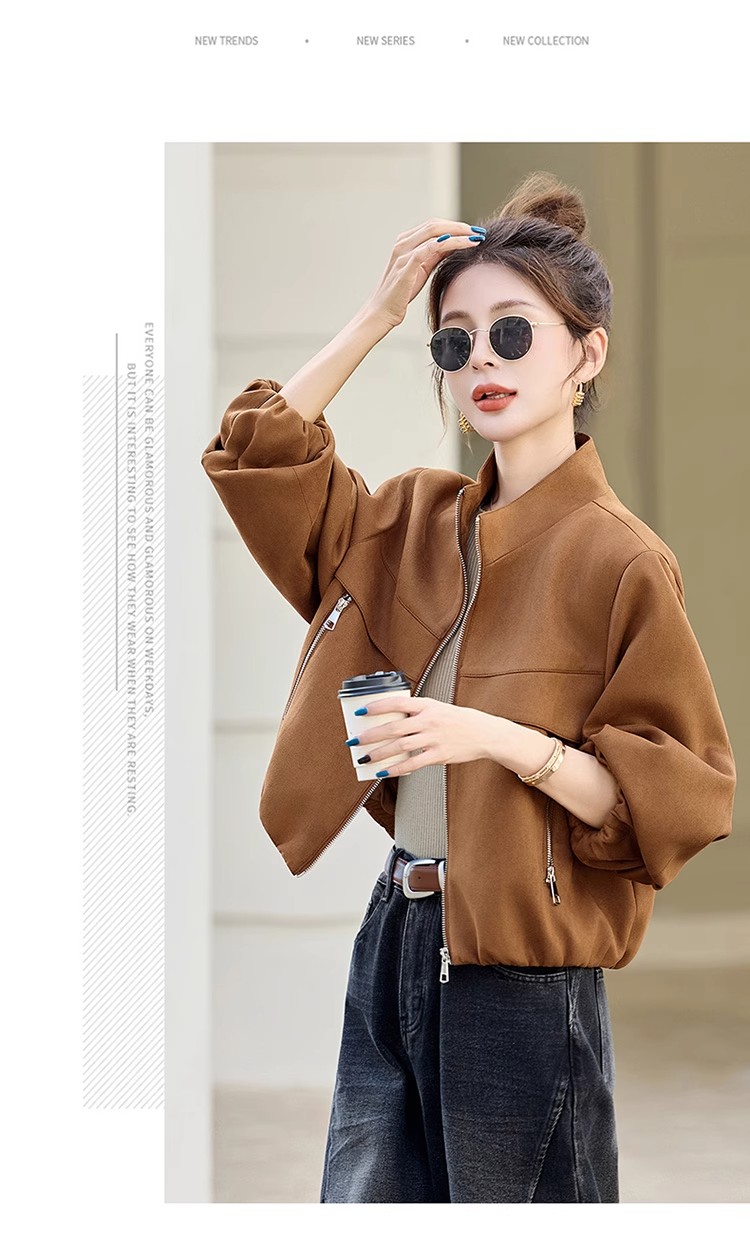 麂皮绒休闲夹克女2025年秋新款韩系时髦洋气灯笼袖百搭短款上衣