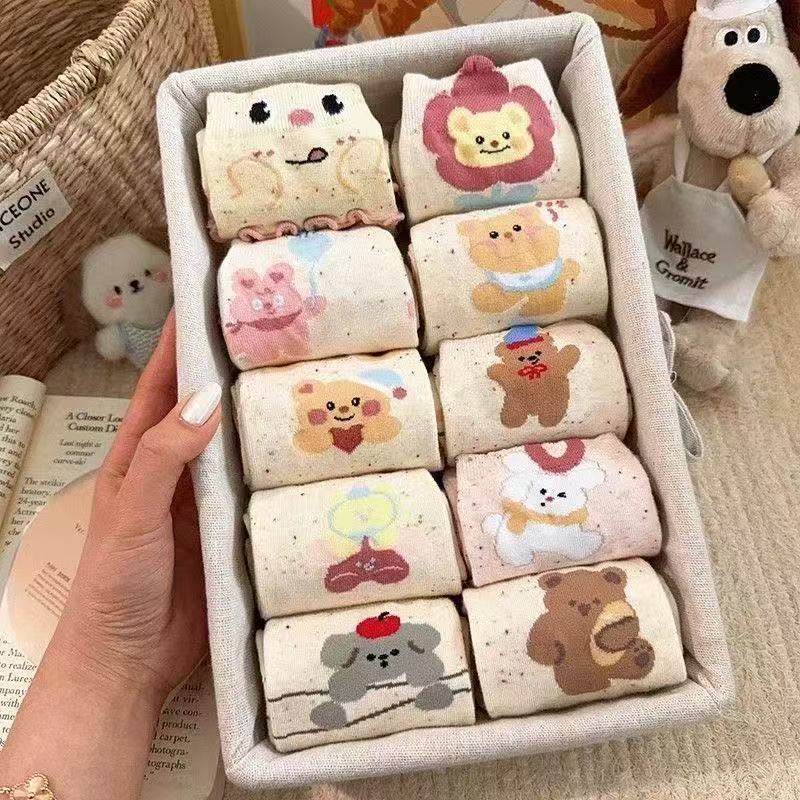 【10双装】秋季新款袜子女中筒春秋可爱木耳边卡通点子纱花边蝴蝶结