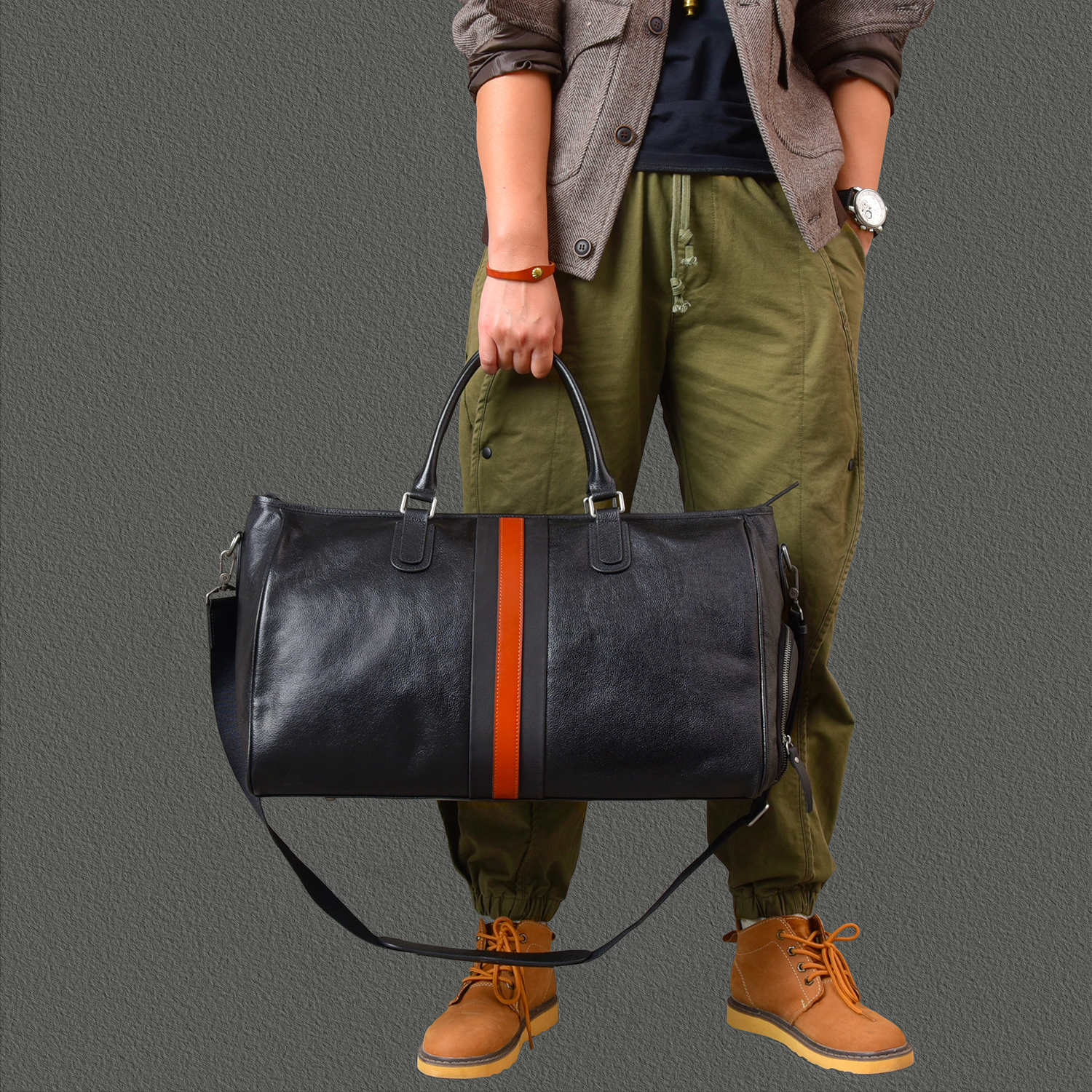 二十四街 复古大容量真皮撞色欧美手拎旅行机车包出差牛皮旅行袋