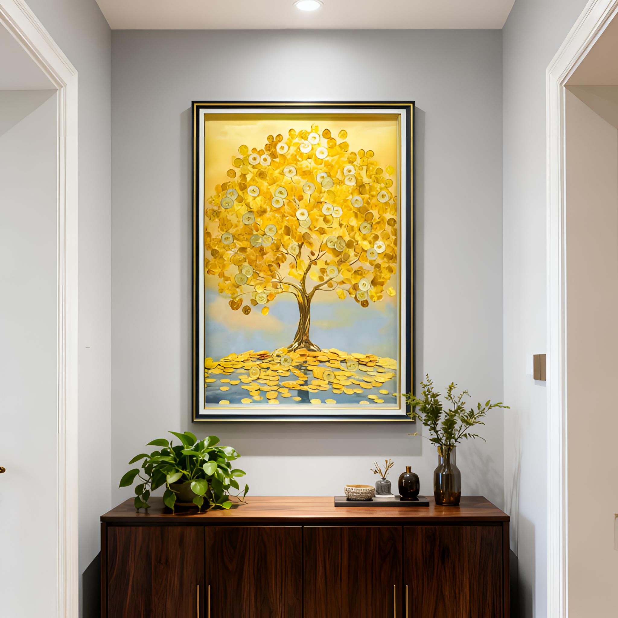 新款发财树客厅入户餐厅黄金树摇钱树挂画装饰画轻奢立体钢化玻璃