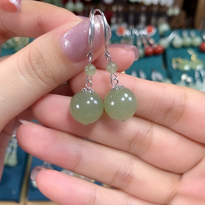 和田玉银S925镶嵌耳饰天然卡12mm左右 绿晴水