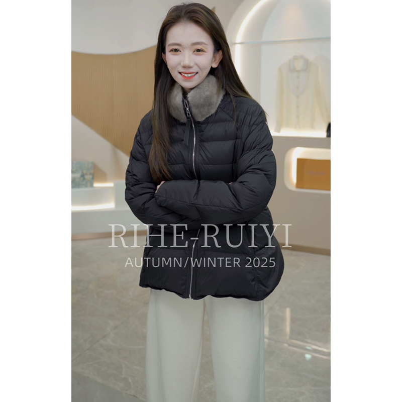 R H 【水貂毛领】高端质感时尚休闲冬季设计师款白鹅绒羽绒服7521