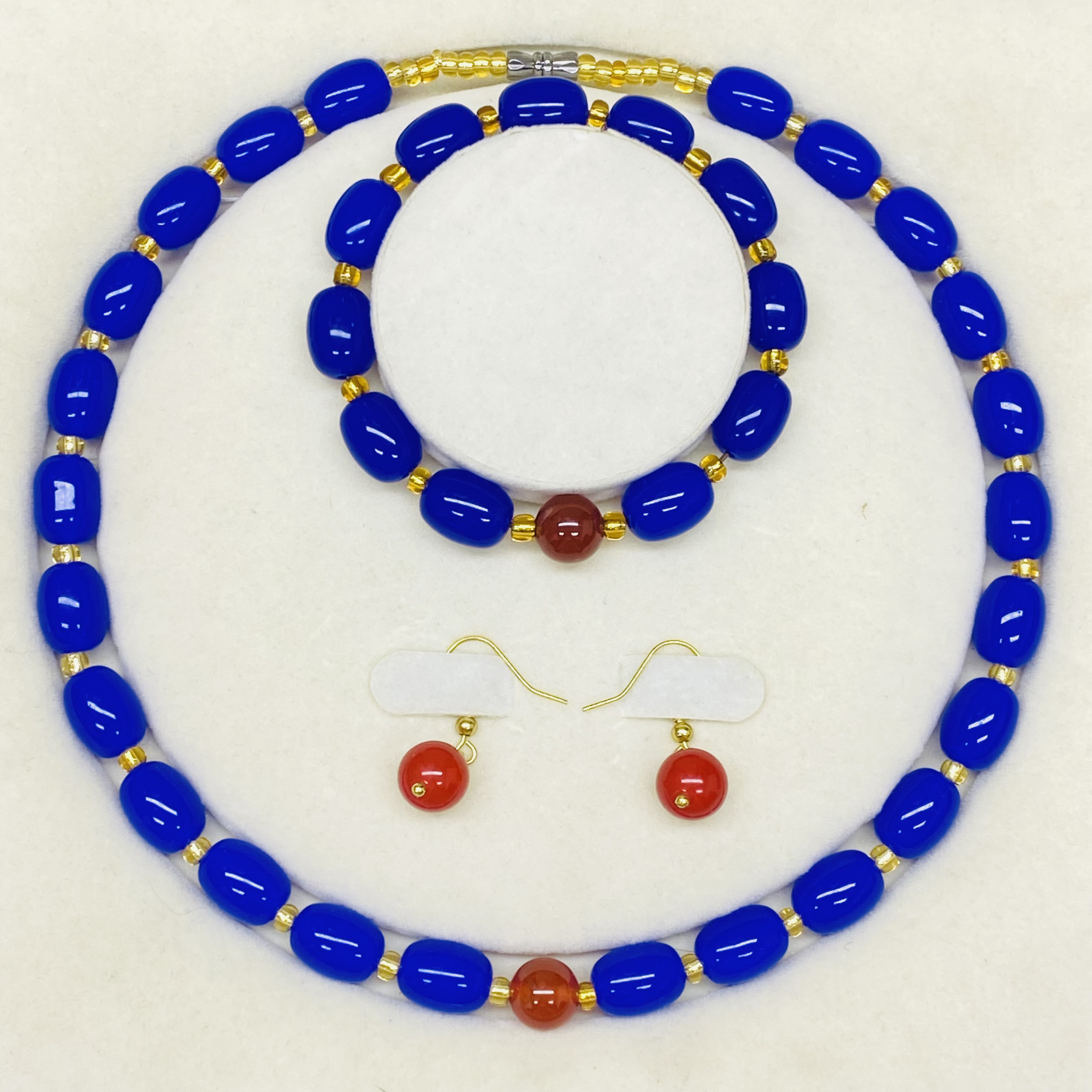 【甄选】A74鸿运当头单珠玛瑙蓝色妖姬桶珠手串项链耳坠一套