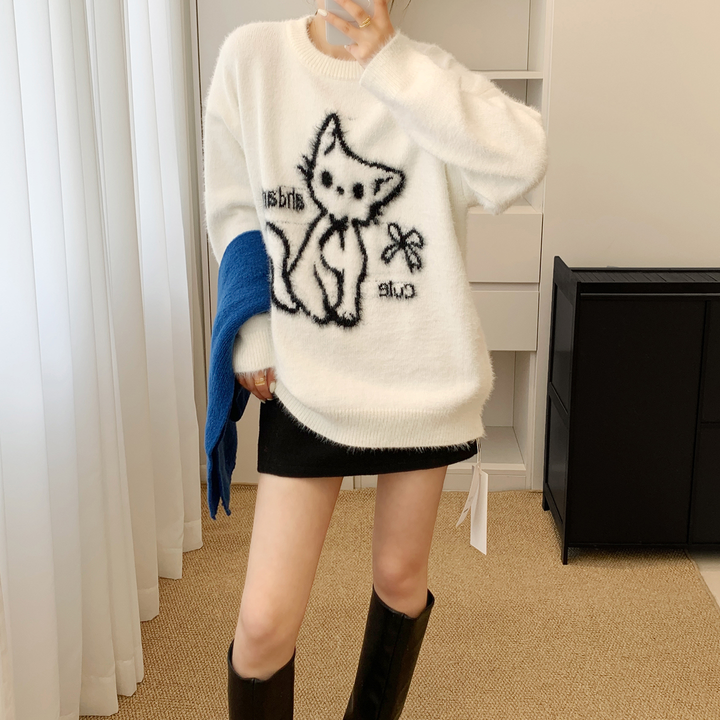 慵懒随性！卡通小猫~时尚减龄 圆领水貂绒宽松针织衫软糯毛衣