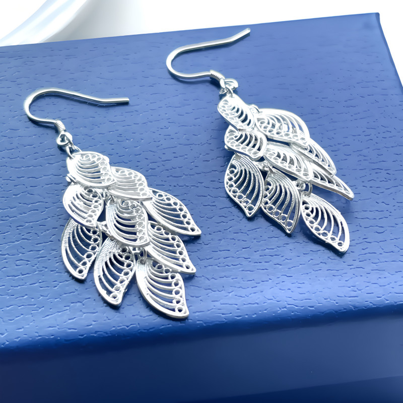 足银耳饰 简约花丝孔雀羽银耳钩手工大气个性气质轻奢