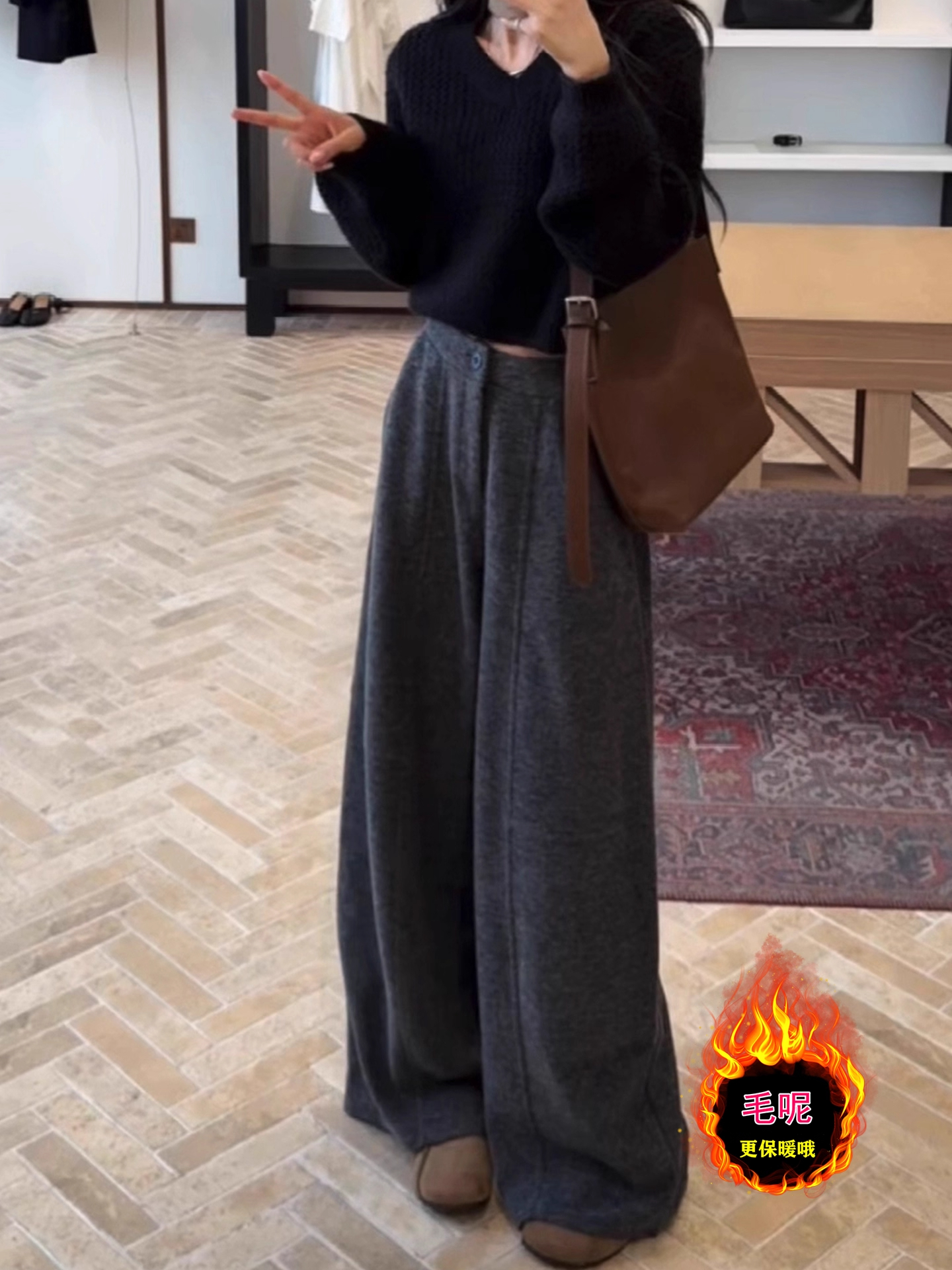 深灰色休闲毛呢直筒裤女加厚秋冬新款大码梨形身材高腰显瘦阔腿裤
