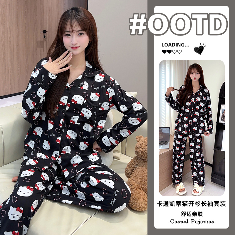 春季新款可爱开衫睡衣女士长袖长裤爆款显瘦耐脏小个子家居服套装