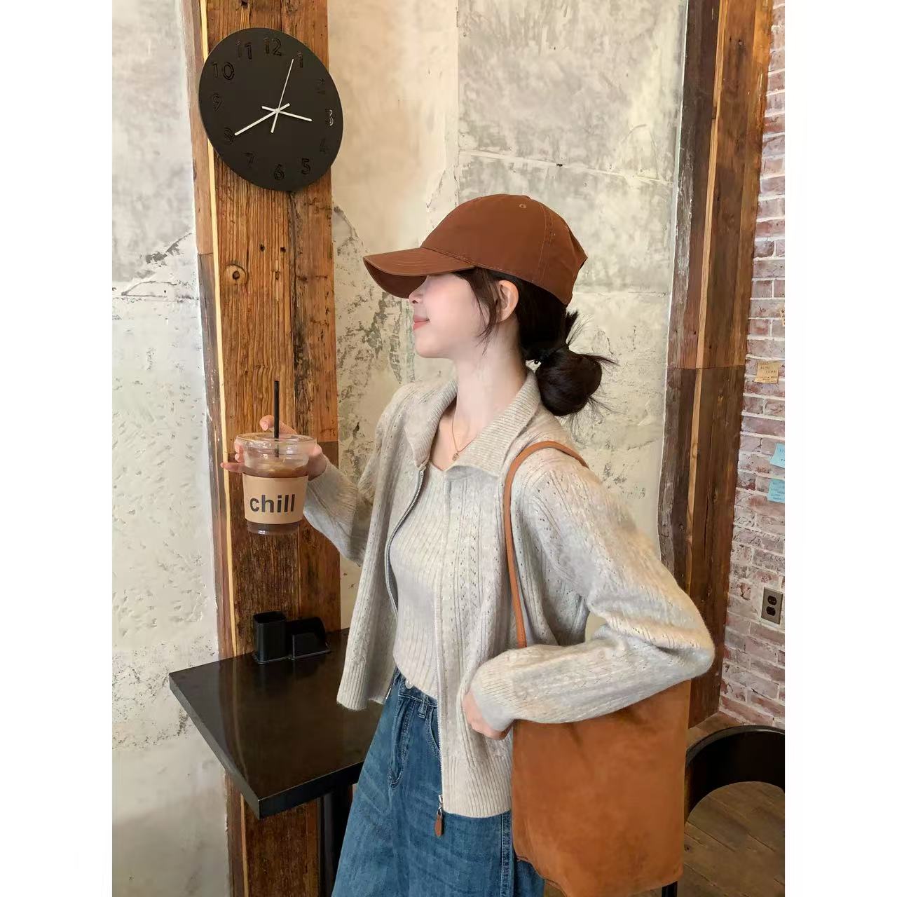 【C·Cai】秋冬柔软韩系高级气质宽松25165#拉链外套➕吊带背心两件套