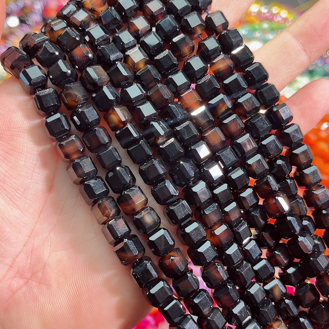 玛瑙/玉髓未镶嵌珠宝半成品黑玛瑙方糖一条8mm33cm