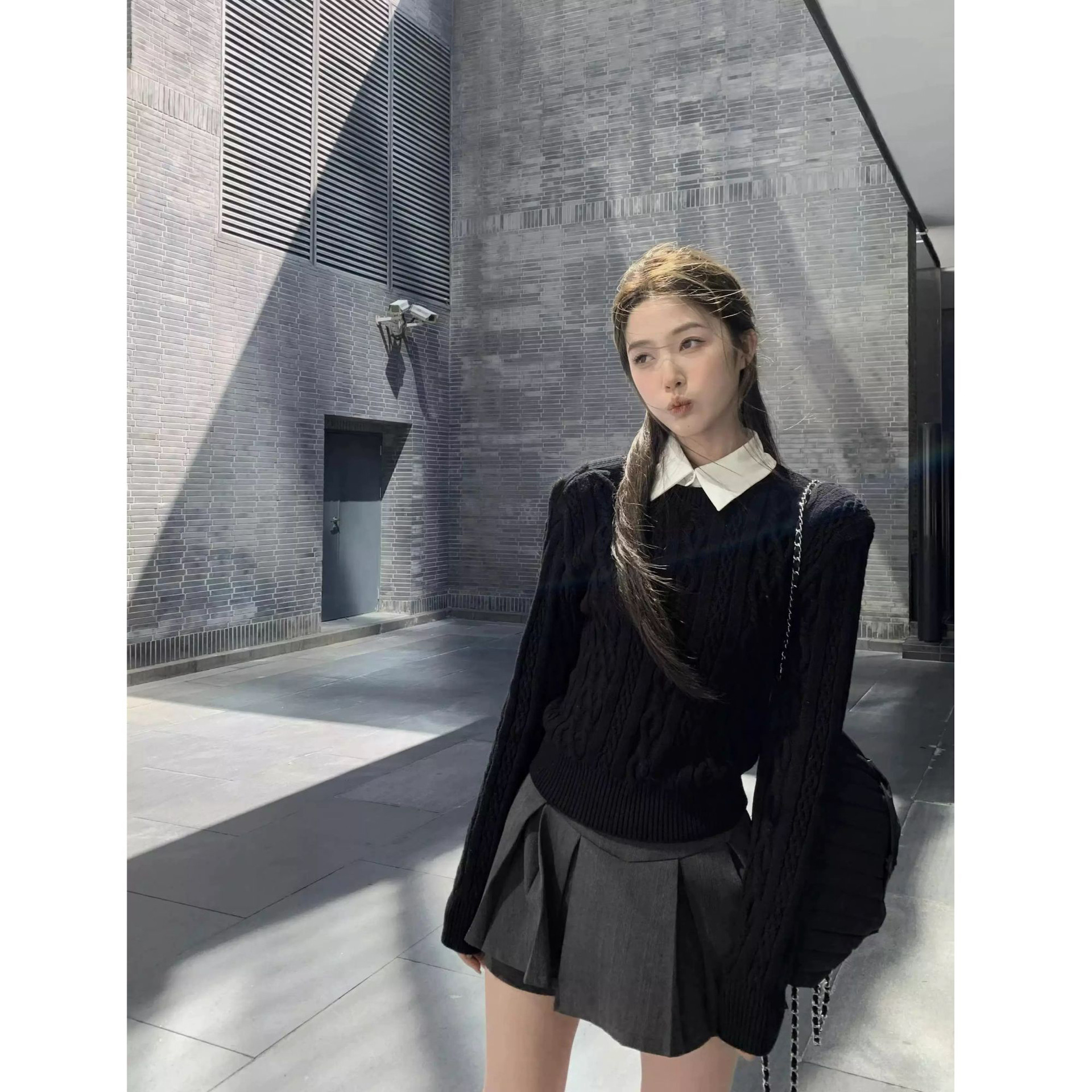 假两件长袖针织打底衫显瘦辣妹百搭修身设计感秋季纯欲风