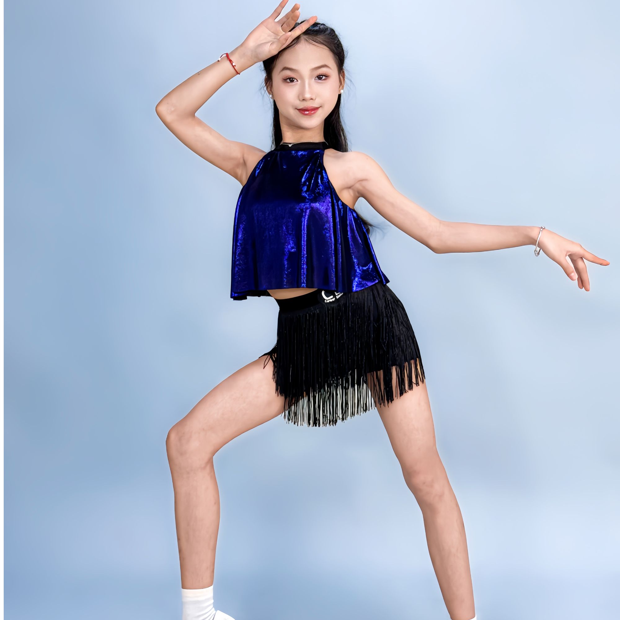 CD卡门夏季炫彩蓝漏腰拉丁舞分体百搭长腿练习流苏专业练功服透气