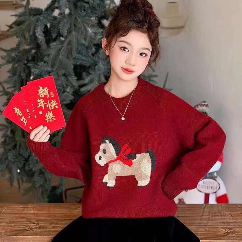 新年幸运小马女童毛衣红色冬季加厚保暖中大童针织百搭男童拜年服