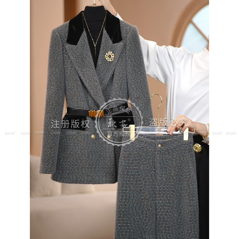 【AMNK服饰】2025冬季新款加厚黑灰色设计师系列修身西装套装大衣