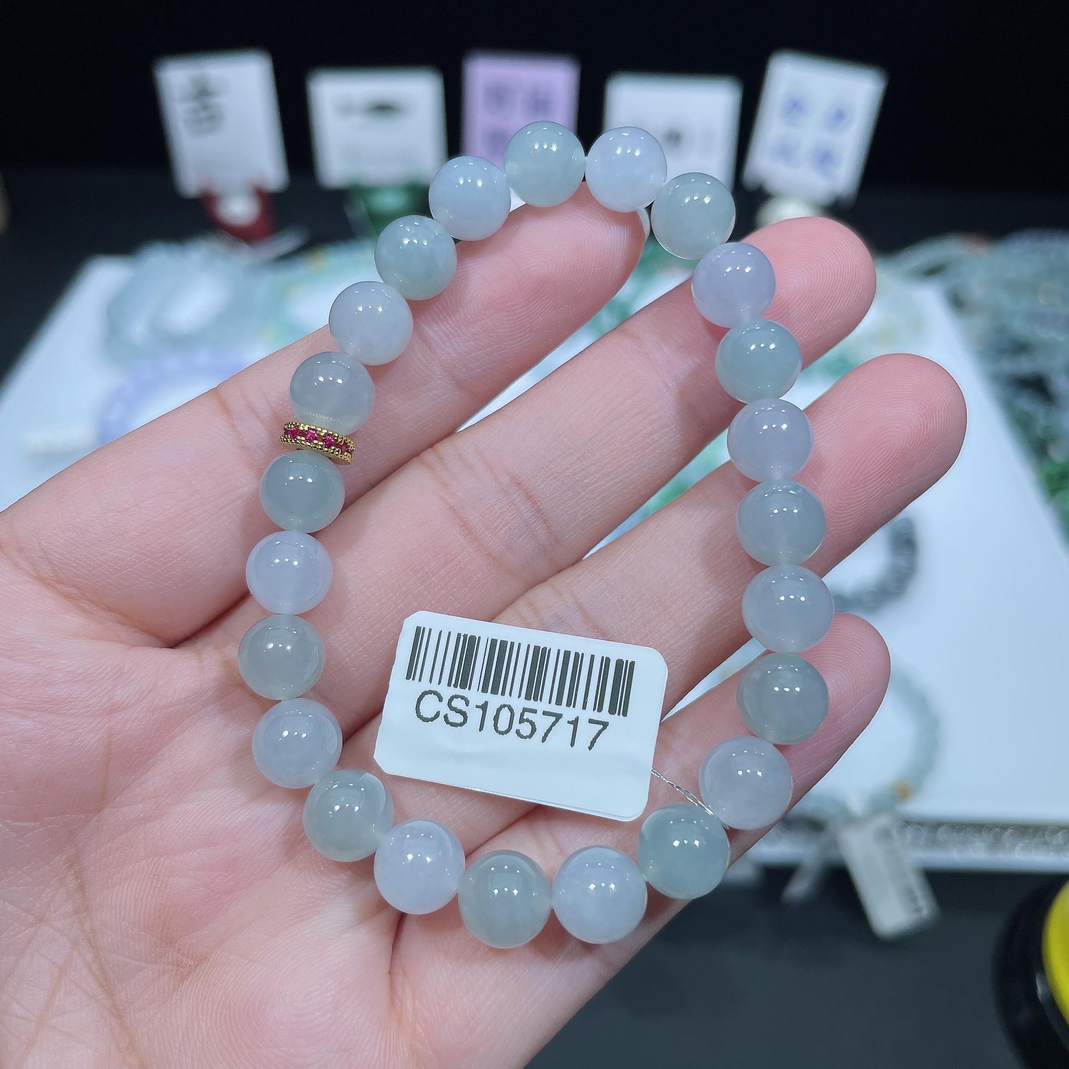 缅甸天然翡翠A货冰种双拼马卡龙圆珠手串s卡8