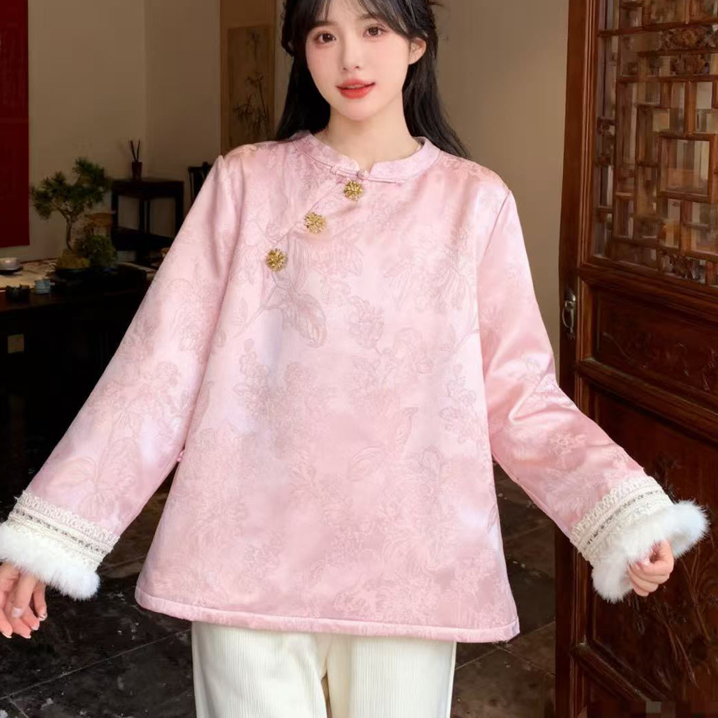 新中式国风提花加绒衫改良民族风微胖大码女装古风秋冬款