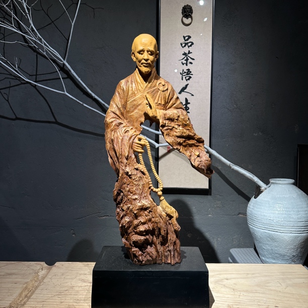 弘一法师李叔同 禅意木雕茶空间摆件长33宽16高70