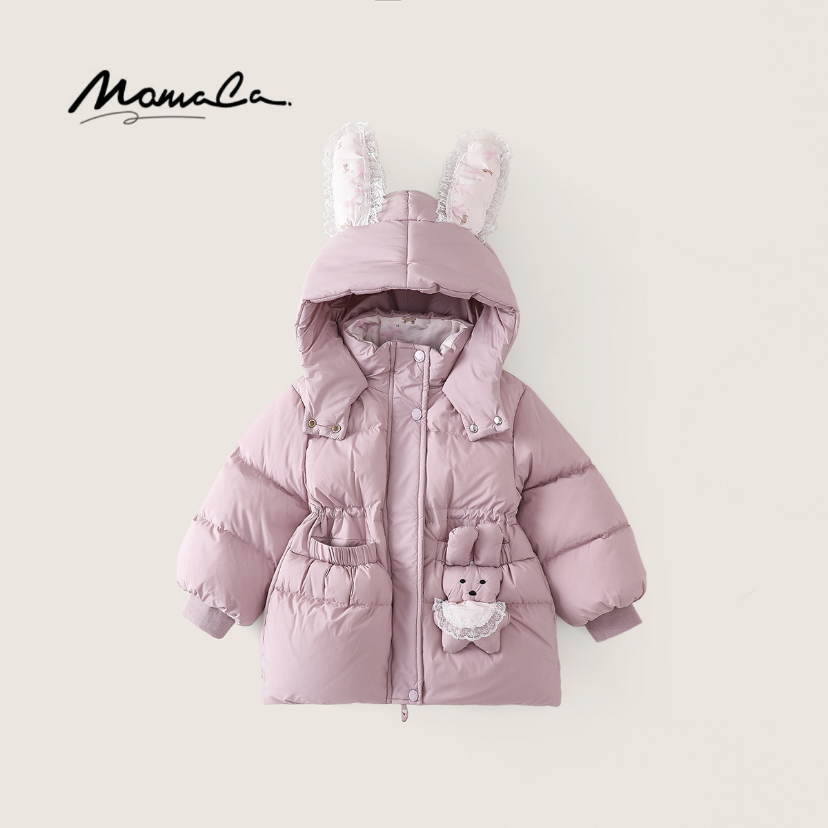 MOMOCO冬季女童紫色百搭小兔子百搭连帽羽绒服77880102016