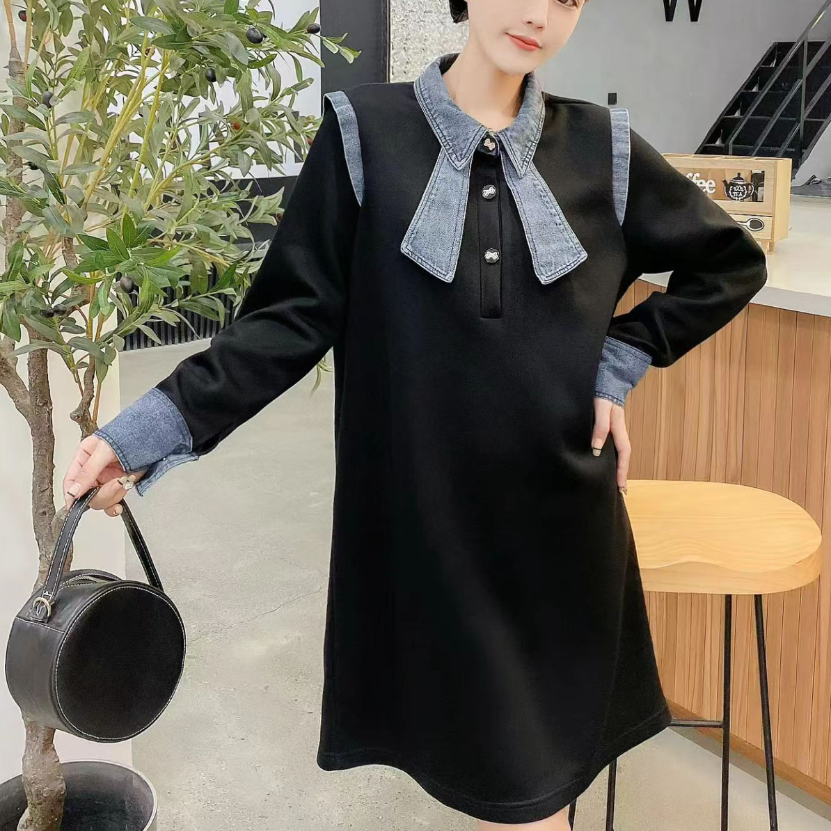 牛仔拼接蝴蝶结卫衣裙女中长款小个子2025春季新款黑色休闲连衣裙