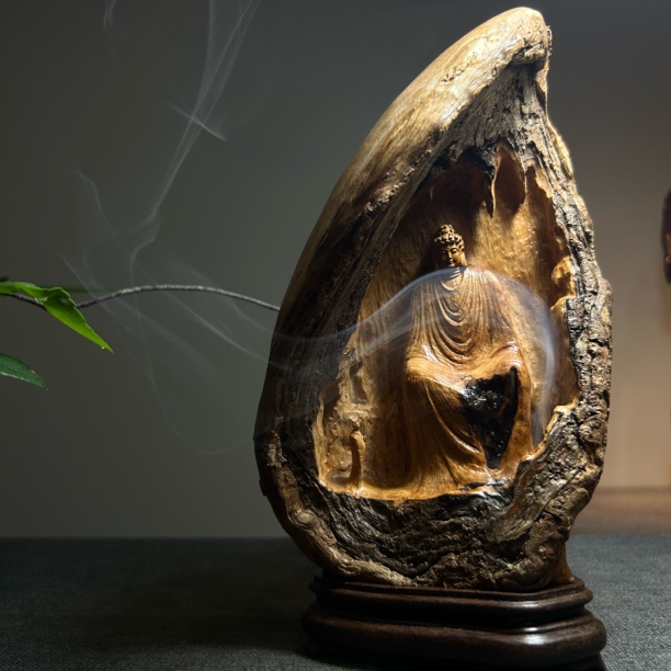 荔枝木手工雕刻佛香炉摆件