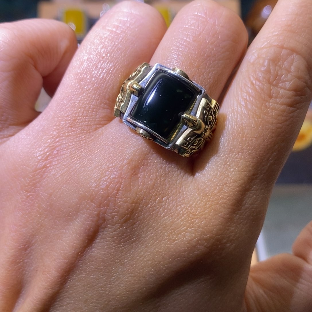 蓝珀戒指银S925镶嵌马*