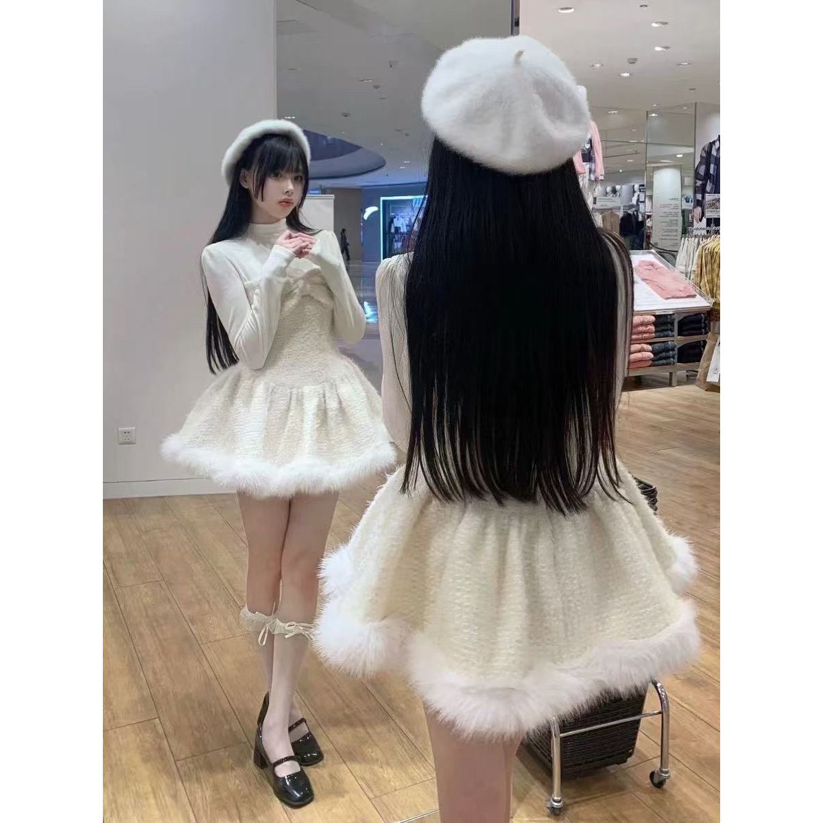 【白雪公主】毛绒连衣裙子女2025冬季新款别致蝴蝶结长袖蓬蓬裙8338