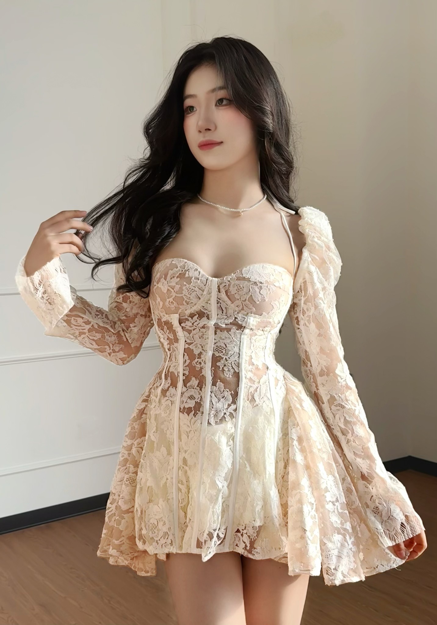 黛娜【法式公主】法式宫廷风蕾丝透视连衣裙女高级感气质收腰辣妹裙