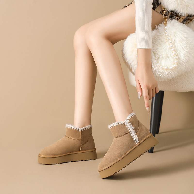 真皮厚底雪地靴女2024冬季新款加绒保暖短靴防滑皮毛一体棉靴加厚