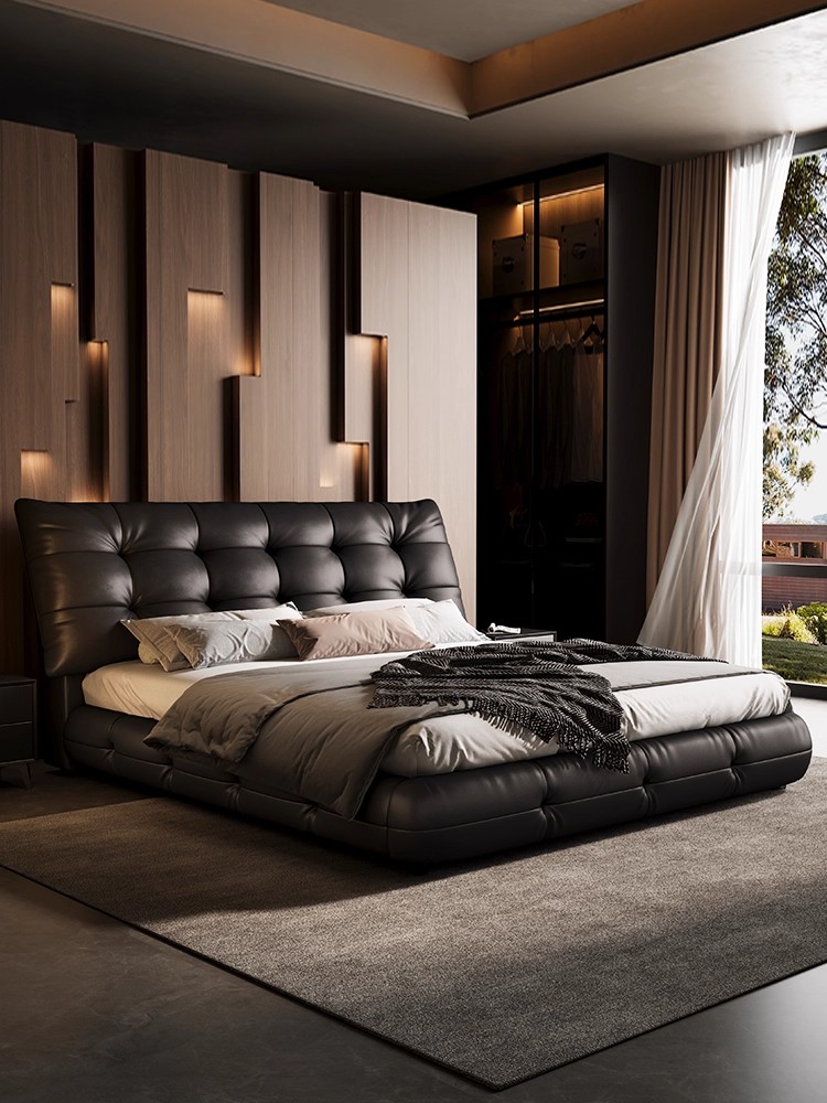 意式极简真皮床现代简约大黑熊床轻奢现代主卧大床双人储物床婚床