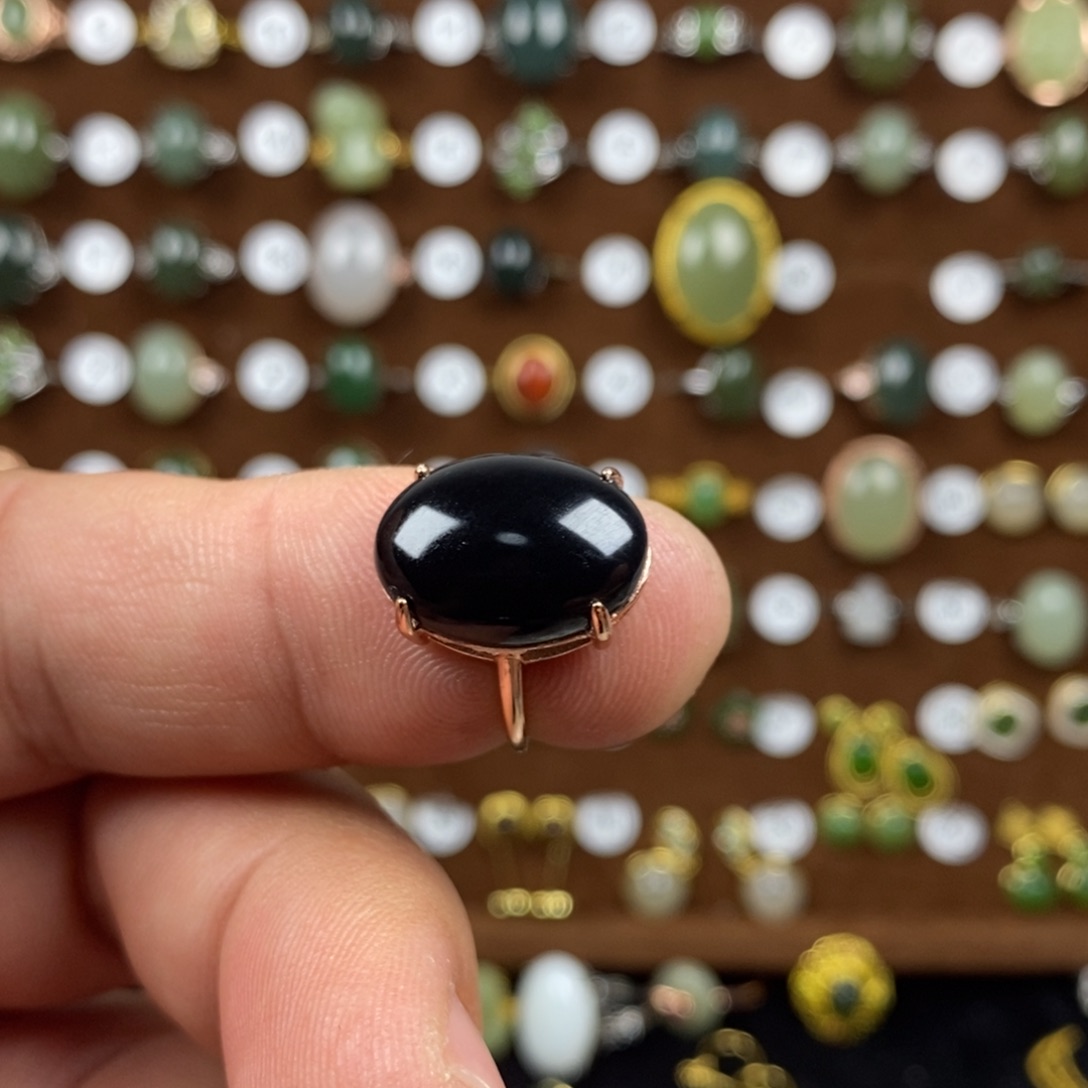 和田玉（青玉）戒指银S925镀金镶嵌