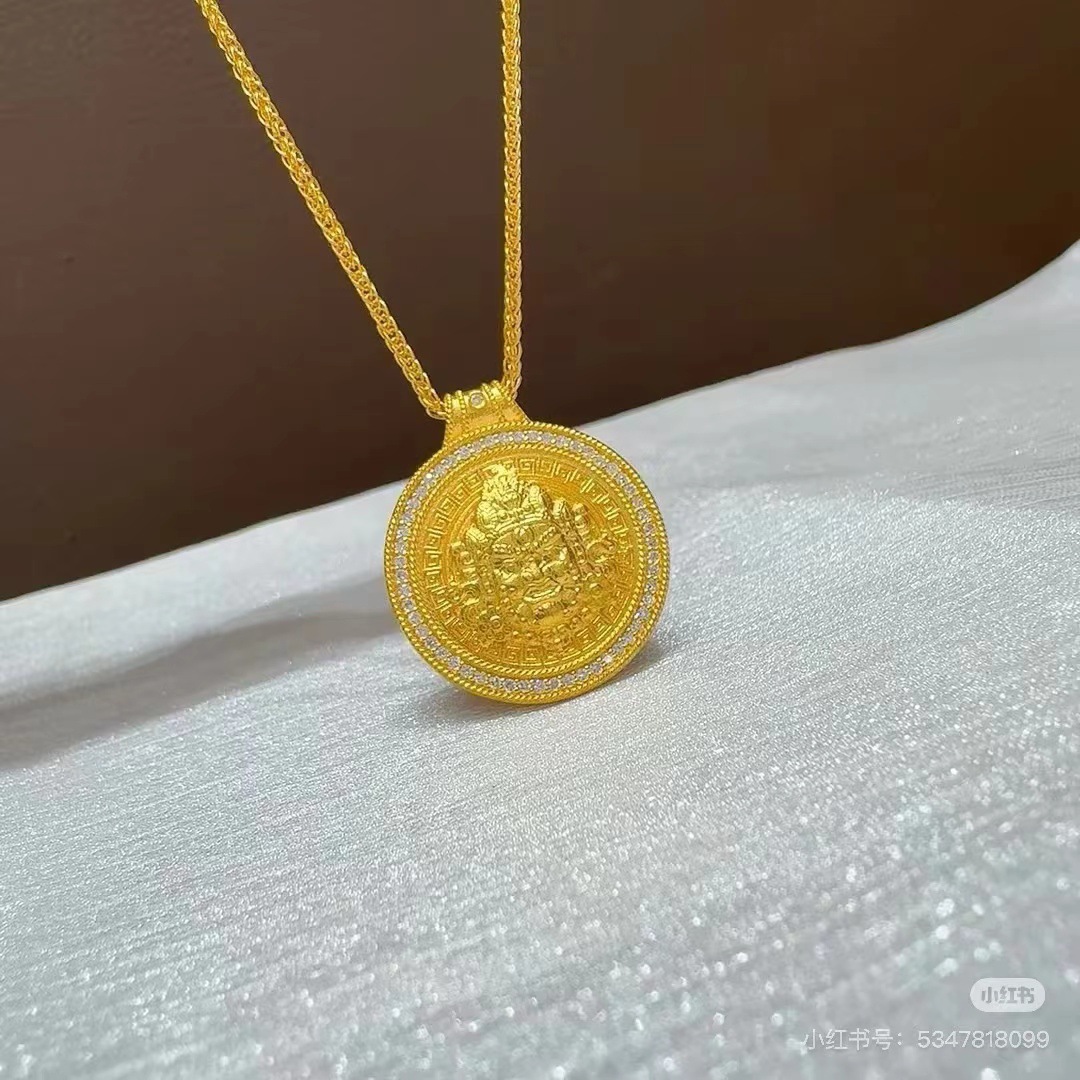 铜合金吊坠 古法金黄财神弥勒佛高级肖邦链小众吊坠饰品项链链子