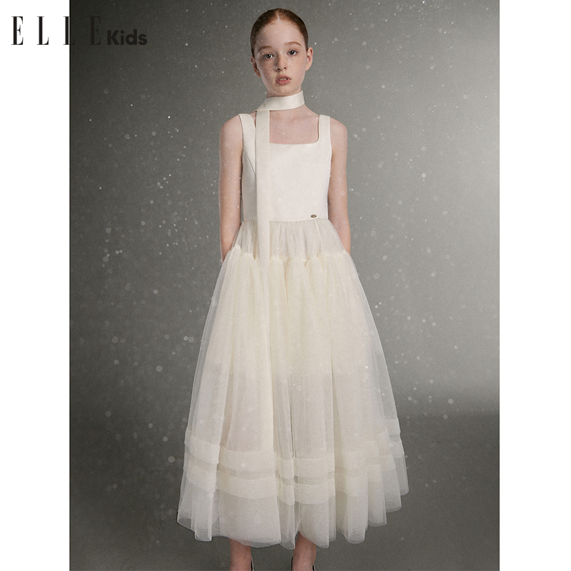 ELLE KIDS法式立体夏季新款女童缎面仪式感背心网纱连衣裙A3