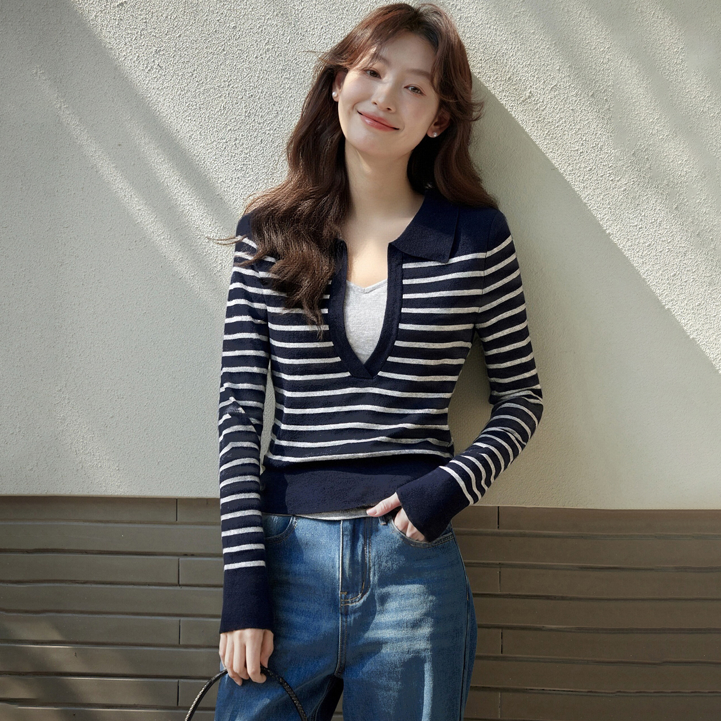 原水韩系氛围感早秋上衣2025新款条纹撞色POLO领针织衫25YS00372