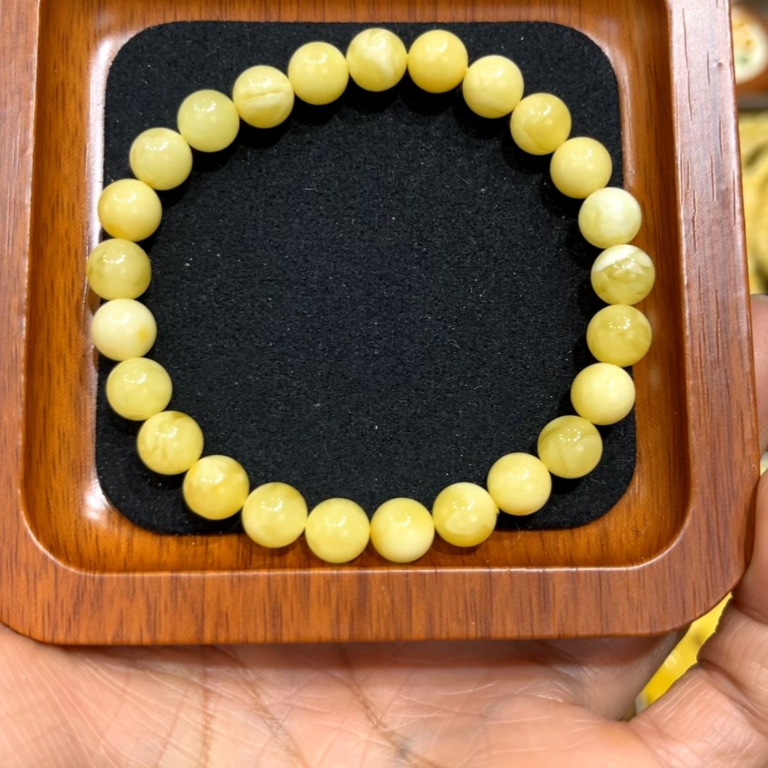 琥珀手链未镶嵌天然俄料蜜蜡鸡油黄妖白花手串8mm