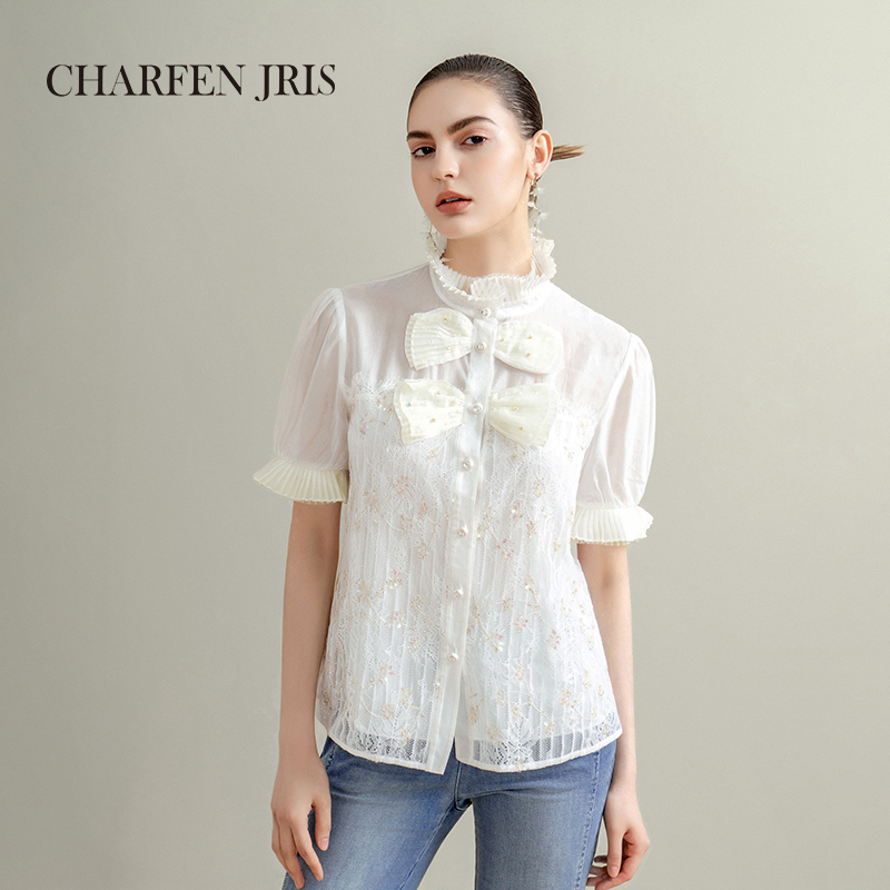 【媛媛专享】朝峰春新款宫廷感压褶立领蝴蝶结衬衣FJE2G659-6082T