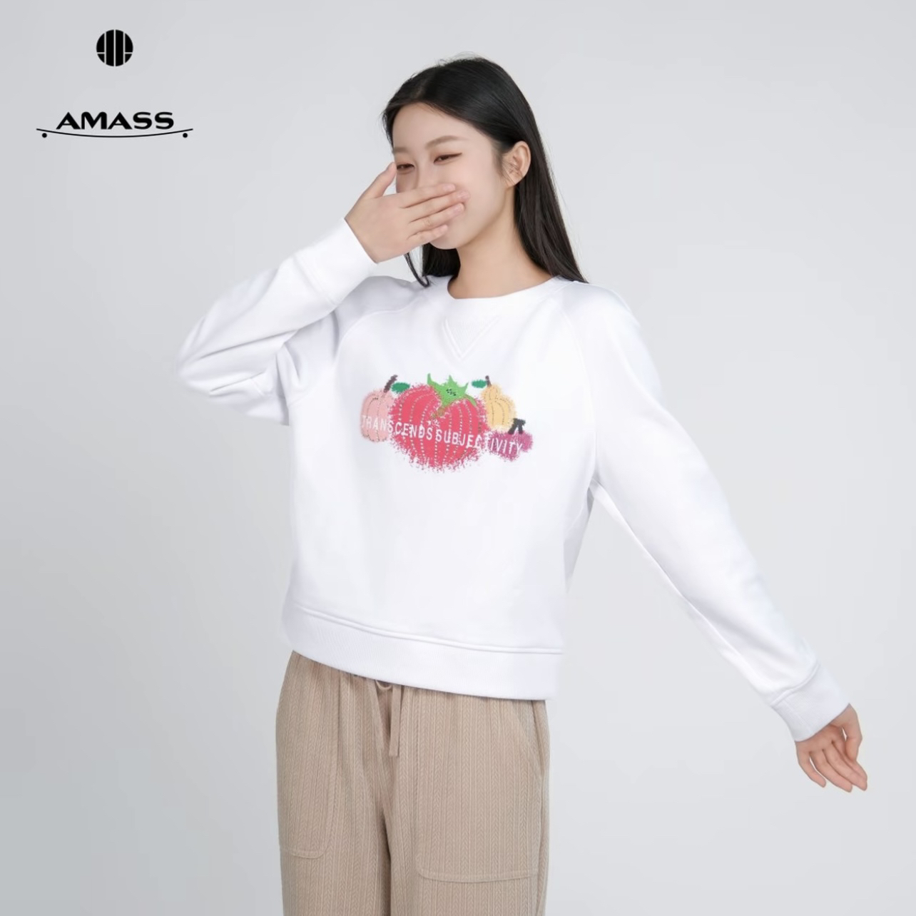 AMASS/阿玛施530153新款设计感时尚休闲松弛百搭印花长袖圆领卫衣